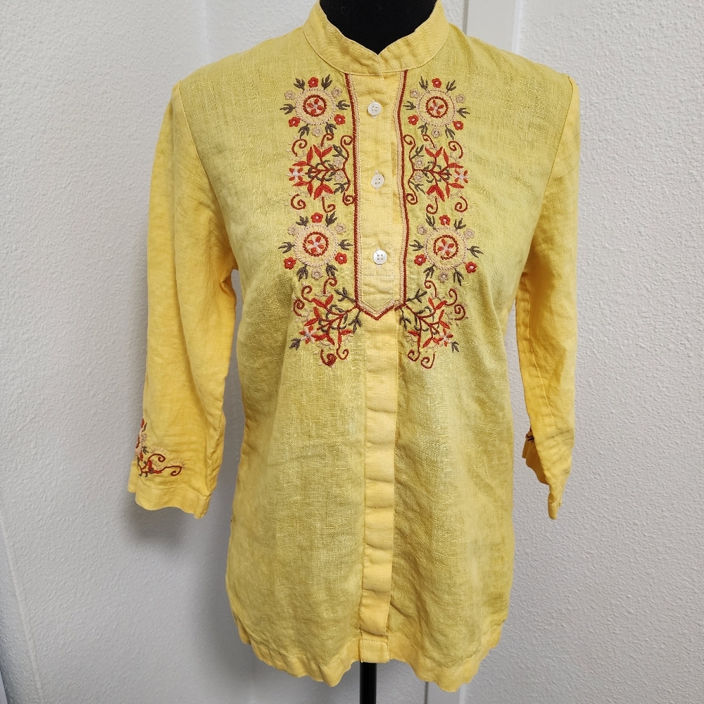 100% Linen Home-Dyed Charter Club Boho Collarless Embroidered Tunic